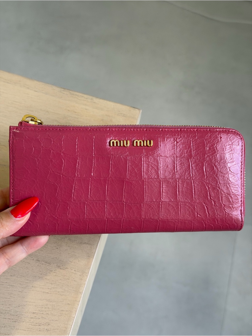 Miu Miu Pink Croc Effect Patent Leather Continental Zip Wallet
